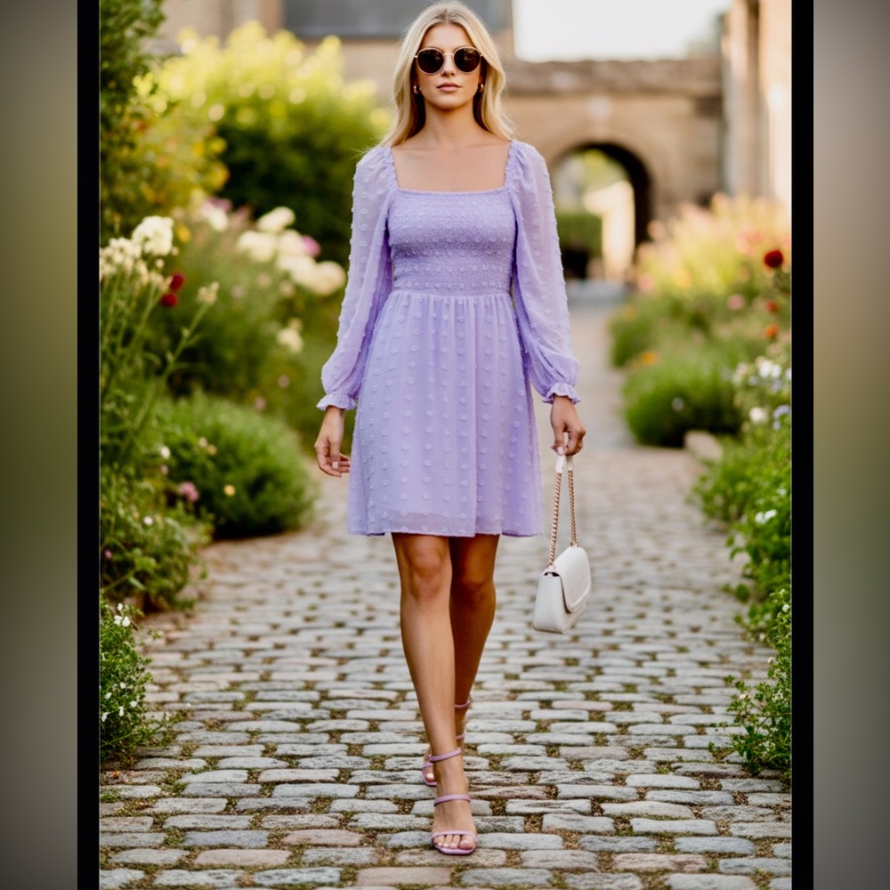 Exlura Lavender Textured dress Swiss dot and ruffle details sundress SZ  M NWT